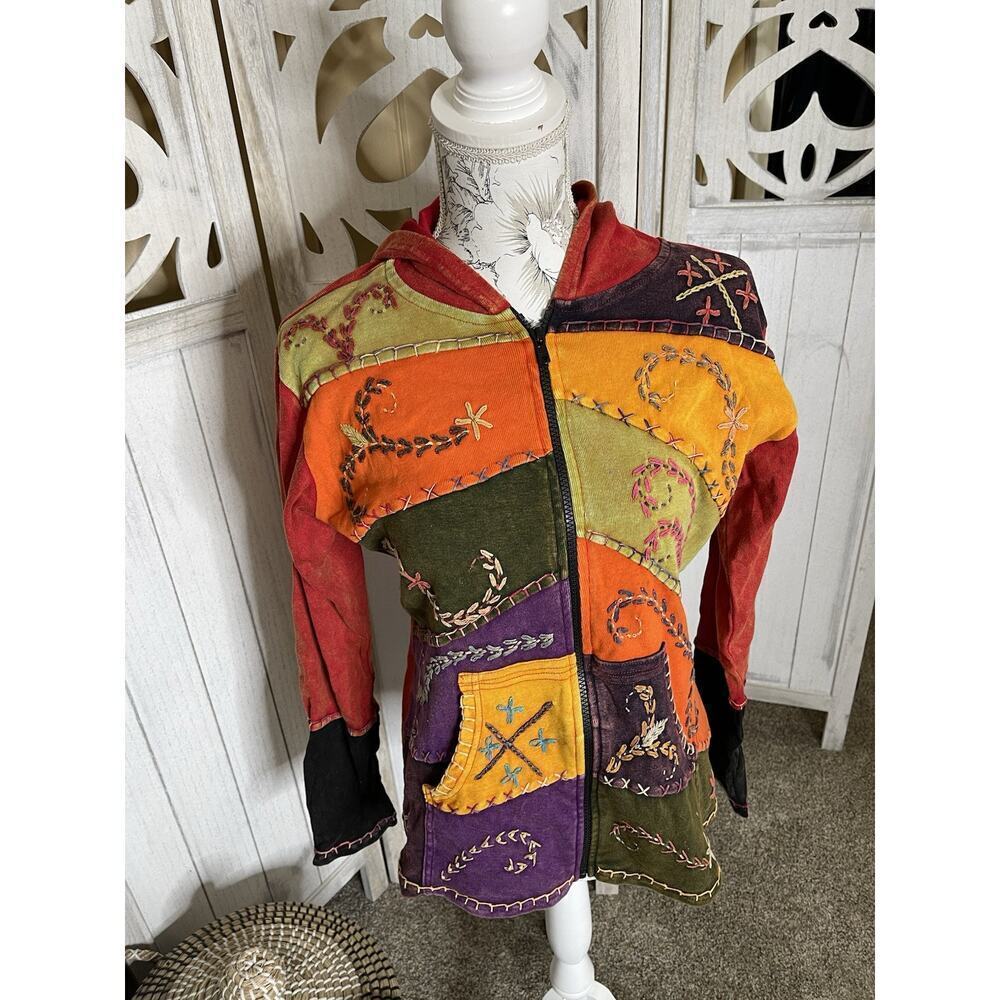 New! Hippie Boho Nepal Hoodie Sweatshirt Womens Medium Colorful Patchwork
